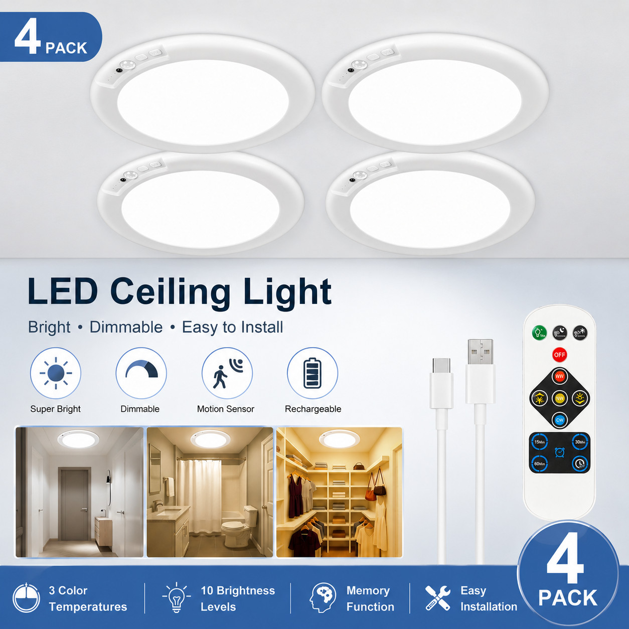 Temperature Sensor - GMOX 4-Pack Rechargeable Motion Sensor Ceiling
